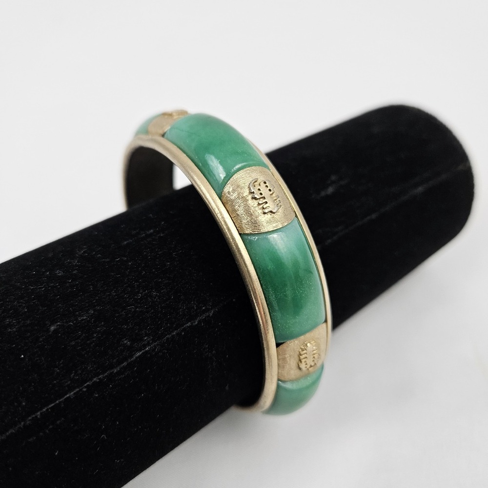 Faux Jade Jadeite Bracelet With Brass Vintage Bangle Asian Boho